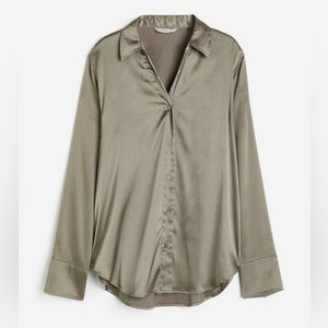 H&M V-neck Metallic Shiny Loose Silky Top,Blouse.Khaki green color.Size XXL